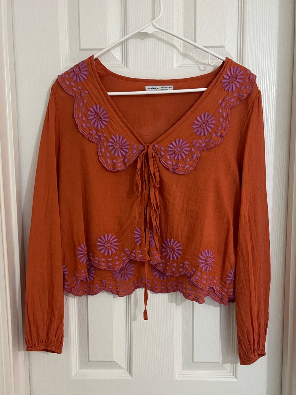 Embroidered Tie-Front Women’s Top